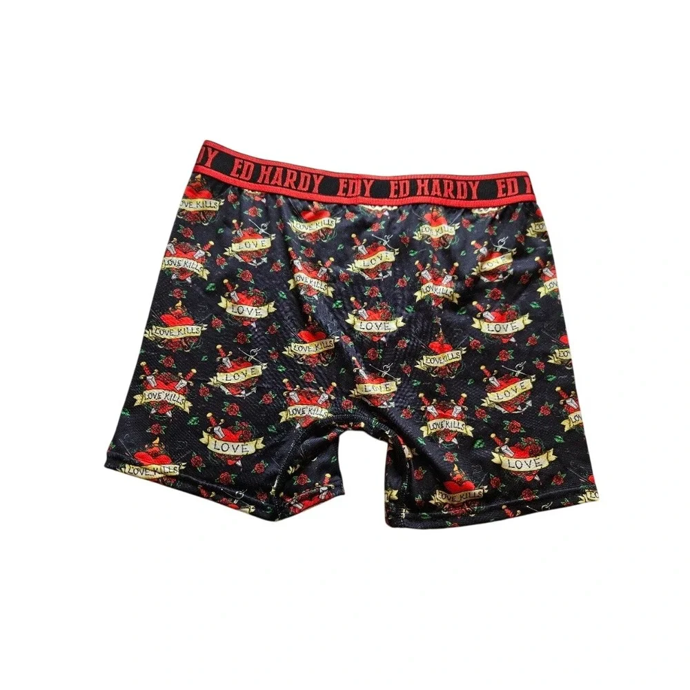 Ed Hardy Mens Boxer Briefs Love Kills Slowly Tattoo Print Black Red Mesh Y2K L